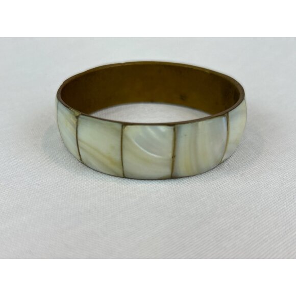 Vintage Brass Mother Of Pearl Bangle Bracelet 70s 80s Cream - Picture 6 of 7